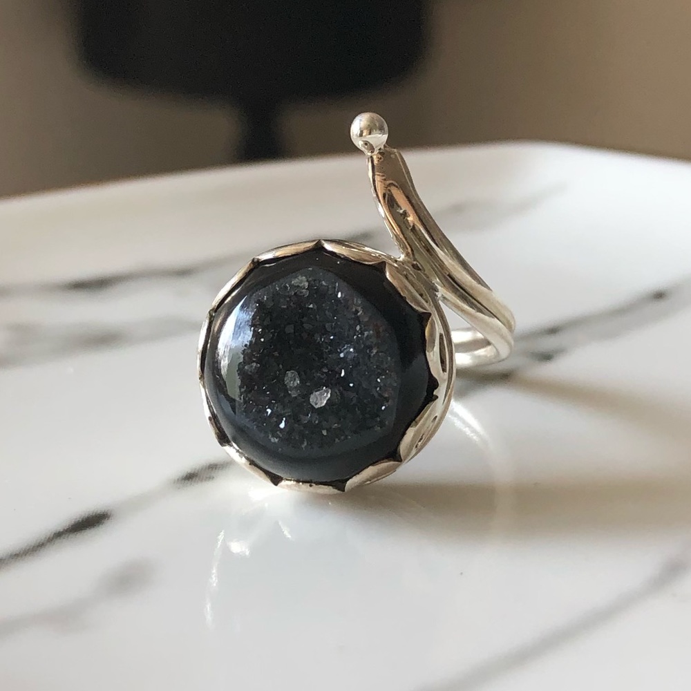 🆕 Ring Black Window Agate Druzy & Sterling Silver